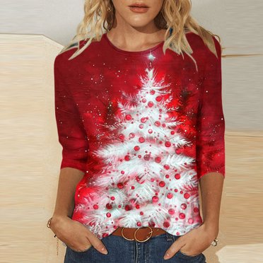 Meichang T-Shirts à Manches 3/4 pour Femmes, Col Rond, Imprimé Joyeux Noël, Pull Ample, Soldes 2024