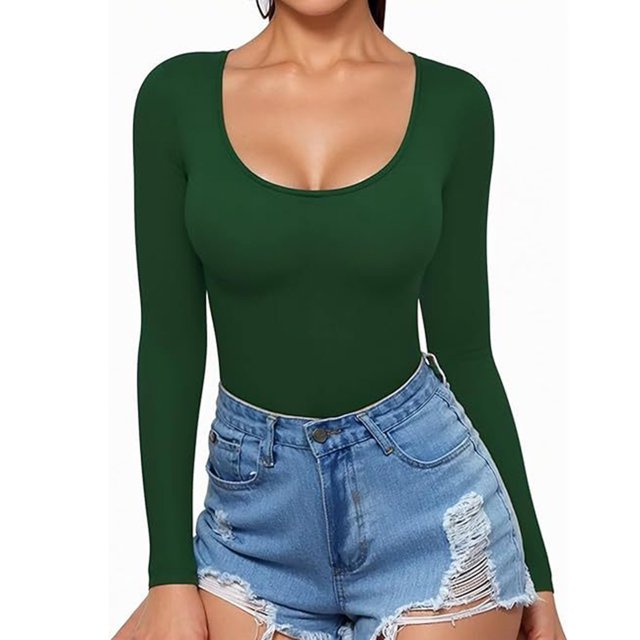 tarylea Women's Cute Tops U Neck Ribbed Slim Fitted Tops Long Sleeve Solid Color Shirts Casual Fall Going out Tops