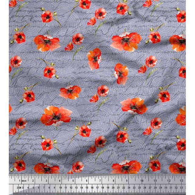 Soimoi Grey Viscose Chiffon Fabric Text & Poppy Floral Decor Fabric Printed Yard 42 Inch Wide