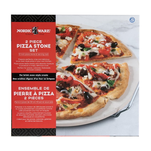 Nordic Ware Pizza Stone with Wire Rack set featuring a 13-inch ceramic pizza stone and steel wire rack, shown with a sliced vegetable pizza topped with olives, tomatoes, and cheese on a marble surface, ideal for baking brick oven-style pizzas, calzones, flatbreads, and serving warm dishes.