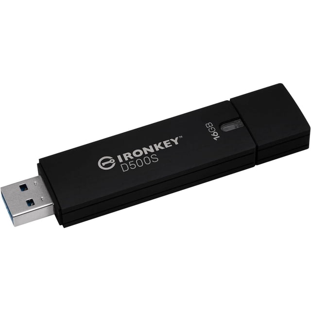 Kingston Ironkey D500S Clé USB Chiffrée 16 Go avec Boîtier en zinc Noir Robuste et Connecteur USB Type-A, avec Chiffrement XTS-AES 256 Bits de Qualité Militaire et partitions Cachées Doubles, Convient au Stockage Sécurisé des Données et à la protection contre les Attaques par force brute et BadUSB.