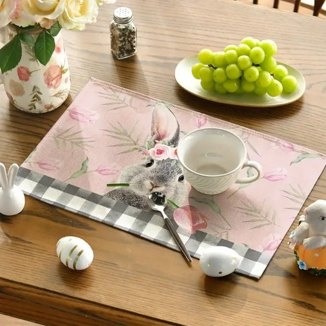 TIMIFIS Home Decor Linen Placemat Easter Linen Placemats Kitchen Table Decorative Plaid Printed Heat Insulation Waterproof Tableware Mats Home Decoration
