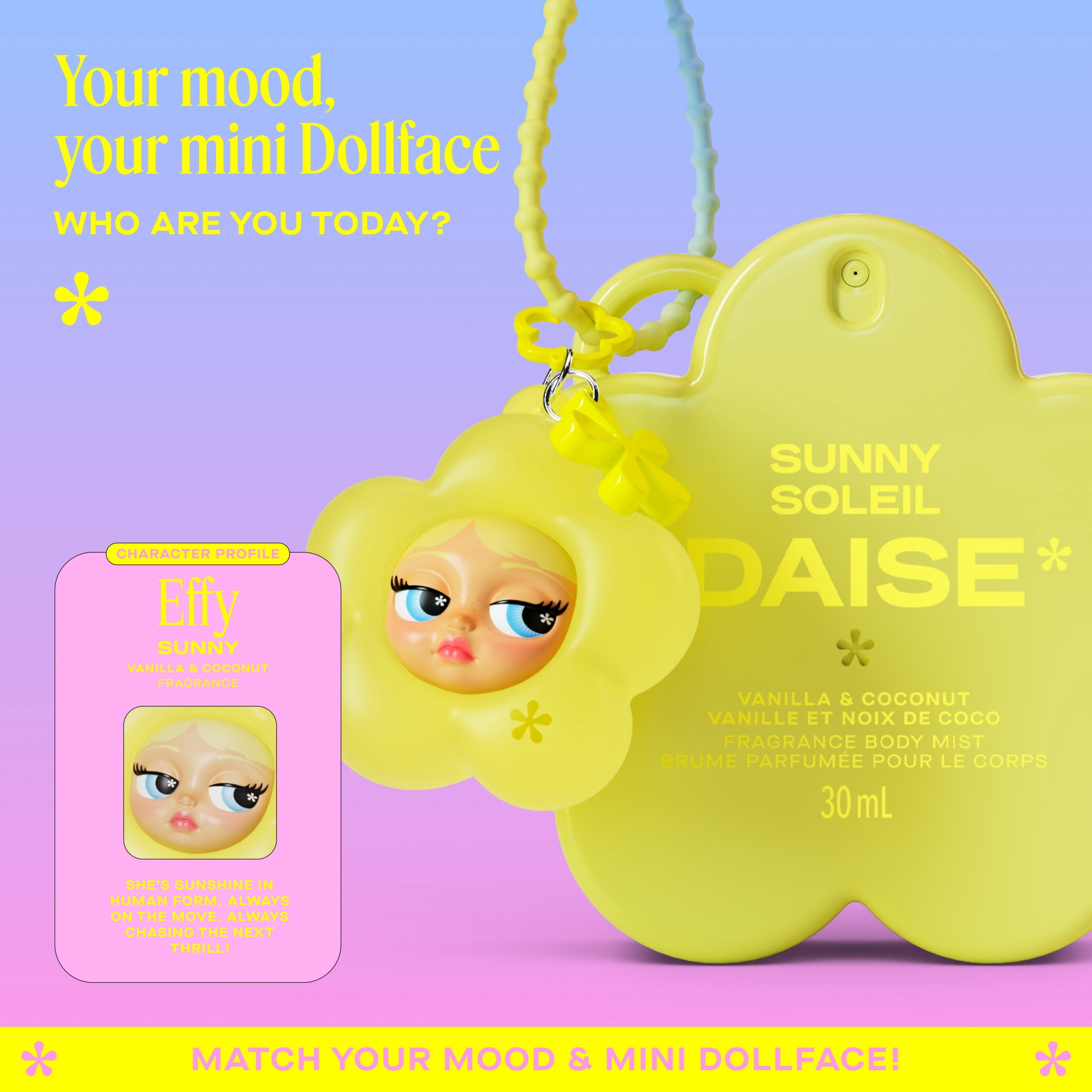 DAISE Brume Parfumée Pour Le Corps Avec Mini Breloque Dollface, Sunny, Vanille et Noix de coco, 30 mL