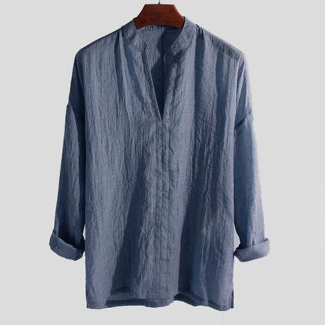 Ruibeauty Men's Chinese Style Solid Color Loose V-neck Long Sleeve Pullover Tops