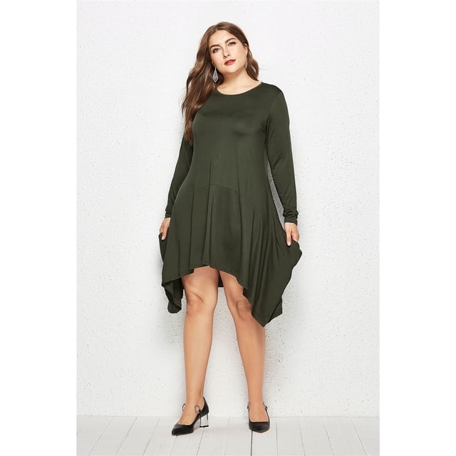 U.Vomade Women's Fall Plus Size Dress Solid Color Round Neck Long Sleeve Pocket Dress