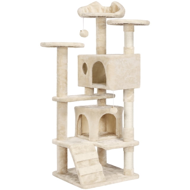Yaheetech 54"H Cat Tree Tower with 3 Scratching Posts in beige. This multi-tiered cat tree features three top perches for lounging, two cozy condos for hiding, and three sisal-wrapped posts to encourage scratching. The structure includes a ramp for easy climbing and a safety strap for wall attachment, ensuring stability during play. Made of particleboard, plush, and sisal, it measures 19" L × 19" W × 54" H and supports up to 44 lbs, ideal for small to medium cats or multiple kittens.