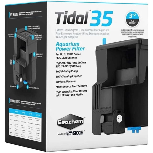 Seachem Tidal Aquarium Power Filter 35 Gallon 120 V shown on packaging with a black cascade filter featuring a self-priming pump, surface skimmer, adjustable flow control, maintenance alert, self-cleaning impeller, and high-capacity filter basket with Matrix bio-media for aquariums up to 35 US gallons.