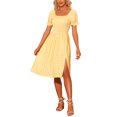 thumbnail image 2 of INSPIRE CHIC Robe Smockée pour Femme à Carreaux Vichy, Encolure Carrée, Manches Courtes, Décontractée, Jaune, P, 2 of 5