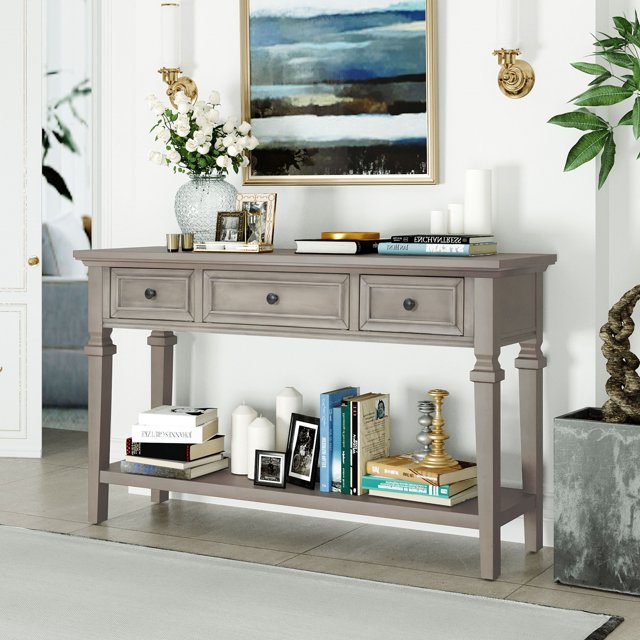 MODERNLUXE Table Console Rétro de 50 Pouces, Table de Sofa, Table d'Entrée avec 3 Tiroirs et Tablette Inférieure Ouverte pour Entrée, Couloir et Salon, Gris