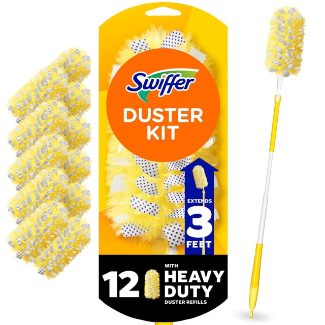 Swiffer Duster Kit with 3 ft extendable handle and 12 heavy duty yellow duster refills featuring dust-busting strips and specially coated fibers to trap and lock dust for cleaning ceiling fans, vents, blinds, and hard-to-reach places.
