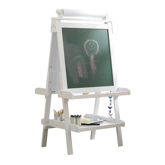 Deluxe Wooden Easel with Chalkboard and Dry Erase Surfaces, Paper Roll and Paint Cups - White