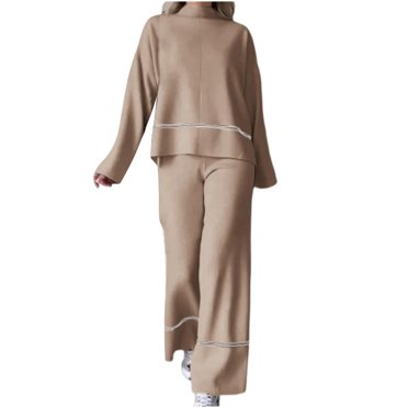 AherBiu Ensembles Lounge pour Femmes Chandails à Col Rond Hauts Pantalons à Jambes Larges Tricotés Ensemble 2 Pcs Tenues d'Hiver