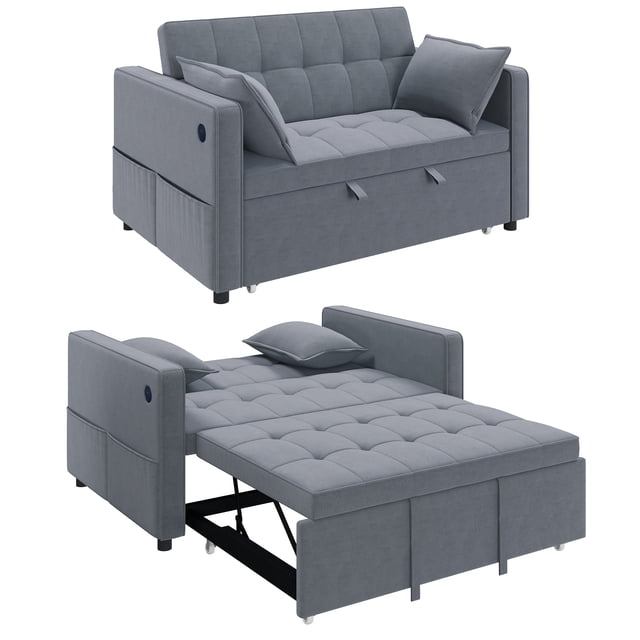 HOMCOM Sofa Bed, Pull Out Sleeper Sofa w/ USB Charging, Adjustable Backrest