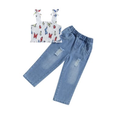 SUNSIOM Kids Girls Pants Set, Sleeveless Butterfly Print Camisole with Elastic Waist Ripped Jeans Summer Outfit