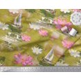 thumbnail image 3 of Soimoi Green Velvet Fabric Yacht & Lotus Flower Print Sewing Fabric BTY 58 Inch Wide, 3 of 3