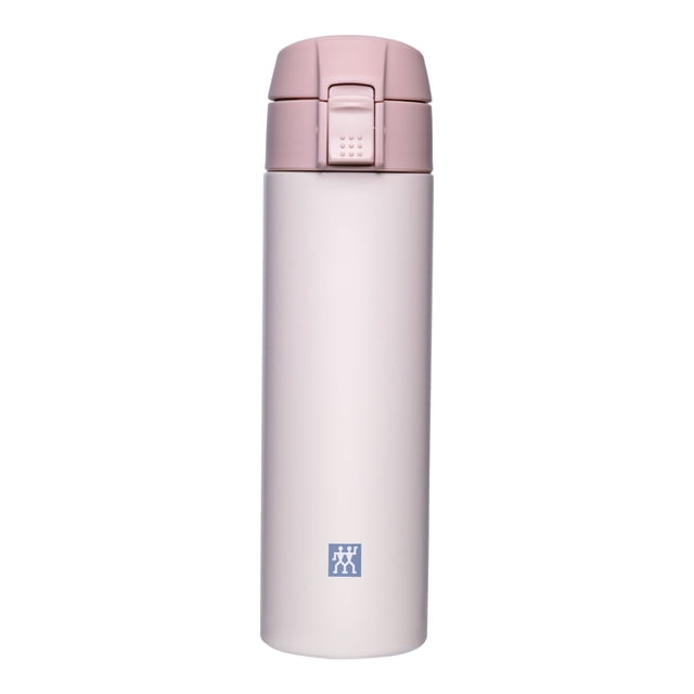 ZWILLING Thermo Travel Bottle, 450 mL, Pink. A stylish and functional travel mug with vacuum insulation to maintain beverage temperatures—hot for up to 7 hours and cold for up to 12 hours. Constructed from durable 18/10 stainless steel, it has a soft pink exterior, a leakproof safety cap with a button-press opening, and a non-slip base for added stability. Dishwasher-safe, BPA-free, and designed for easy cleaning with a disassemblable lid.