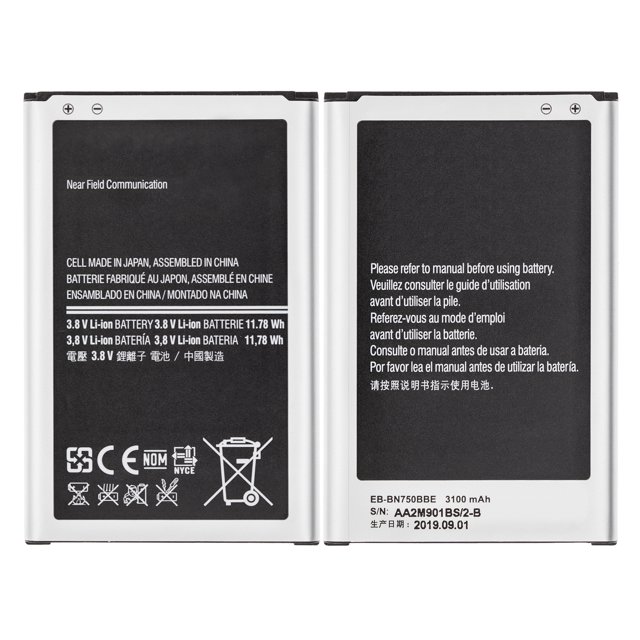 Replacement battery compatible for Samsung Galaxy Note 3 Neo (EB-BN750BBE), featuring lithium-ion technology for efficient charging and longer battery life. The image shows the front and back views of the battery, with specifications such as 3.8V Li-ion, 11.78Wh, and 3100mAh capacity clearly displayed. The battery is designed for easy replacement and is environmentally friendly. Text on the battery includes usage instructions and manufacturing details.
