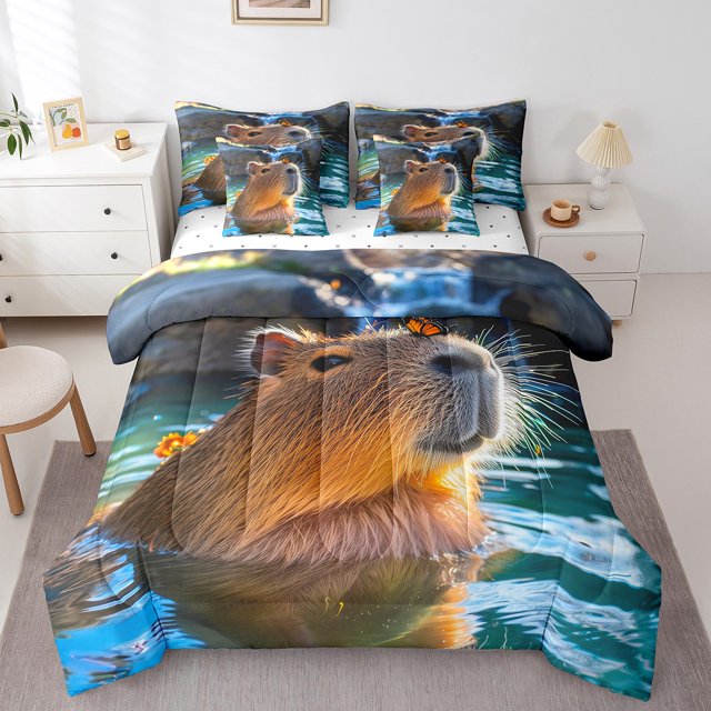 YST Ensemble Douillette Capybara Brun 7 Pcs Lit Tout-en-un Mignon Papillon Ensemble de Douillette Capybara Format Simple, Polyester, Type Douillette et Housse de Couette, Format Simple (1 Unité)