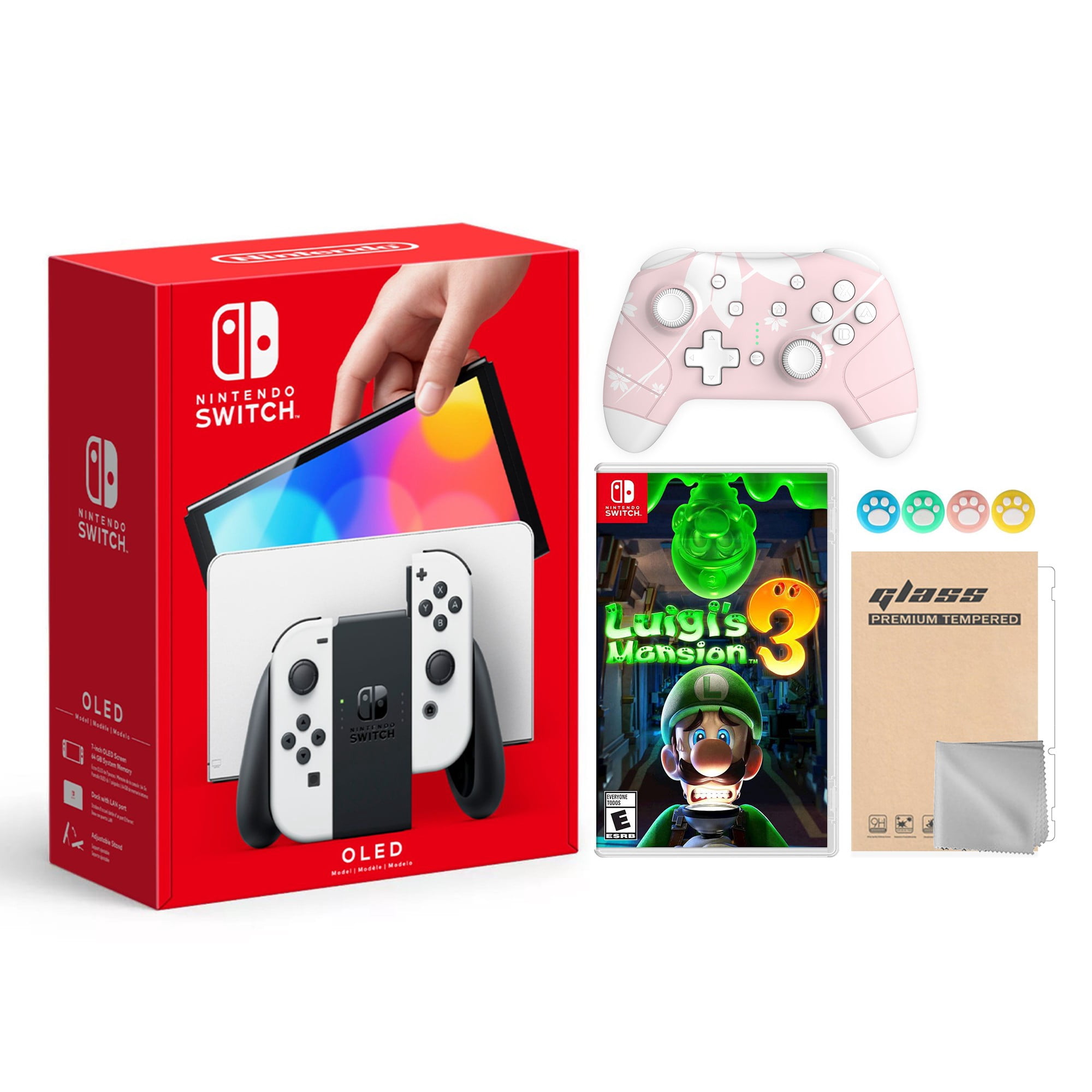 2021 New Nintendo Switch OLED Model White Joy Con 64GB Console Improved HD Screen & LAN-Port Dock with Luigi's Mansion 3 And Mytrix Wireless Switch Pro Controller and Accessories
