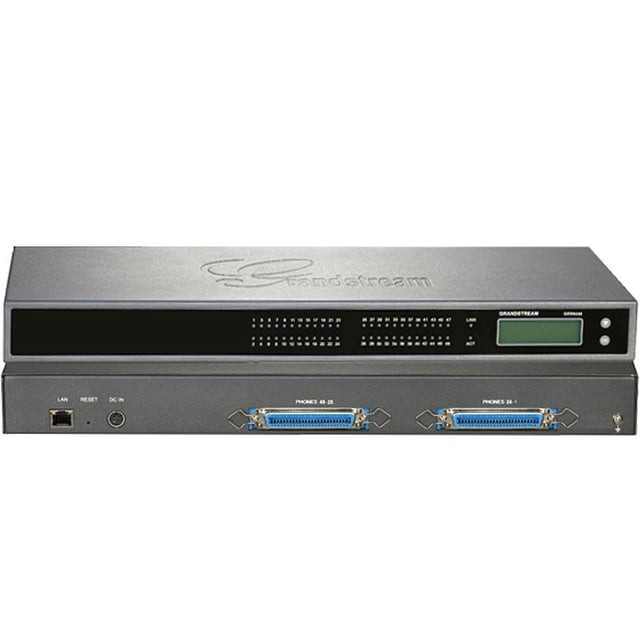 Router Grandstream SIP-Gateway GXW-4248 48x FXS V2 front-facing network gateway showing 48 RJ11 FXS ports in three rows, metal rack-mount chassis with ventilation slots and LED status indicators, Grandstream logo visible on top-left. Its compact rack form factor is often used for consolidating analog phone lines in small PBX or VoIP deployments.