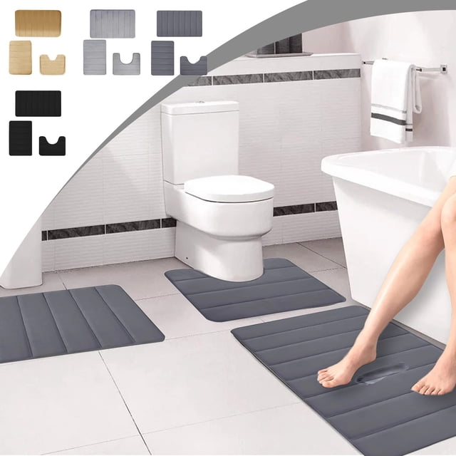 Bath Mat Set under $5! CQCYD Foam Bath Mat 3-Piece Set, Soft Comfortable Bathroom Rugs, Water Absorbent Non-Slip Toilet Mats, Machine Washable Dark Color Shower Mats