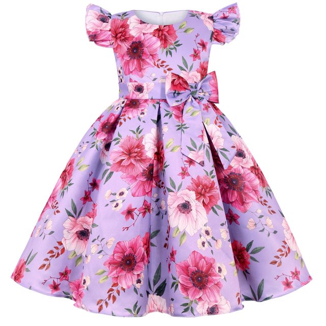 Ventes de Liquidation d'Été Iumwxz Robes de Princesse Rétro à Ourlet Grand Plissé avec Fermeture Éclair et Nœud Robe à Col Rond Imprimé Floral Manches à Volants pour Enfants Robe Athlétique pour la Rentrée 2-8 Ans