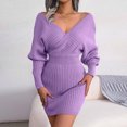 thumbnail image 1 of EGNMCR Robes de Fête pour Femmes Robe Décontractée pour Femme Mode Col en V Tricotée Moulante Couleur Unie à Manches Longues, 1 of 8
