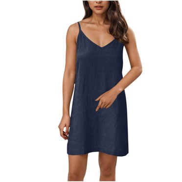 JGGSPWM Women Cotton Linen Spaghetti Strap V Neck Sleeveless Midi Nightgown with Pockets Sleep Dress Navy L