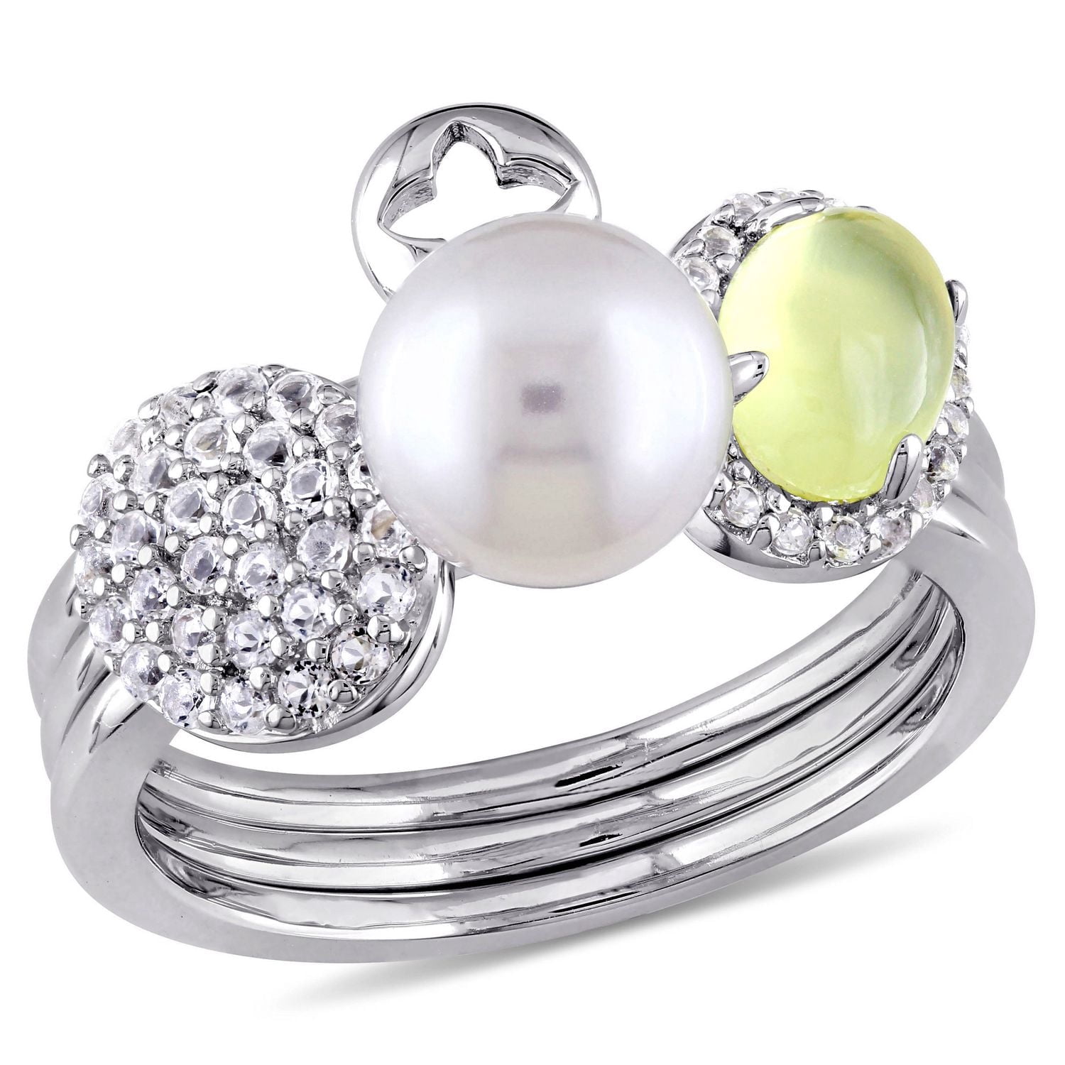 Ensemble de bagues empilables 3-pc Tangelo avec perle cultivée, quartz jaune, et topazes blanches