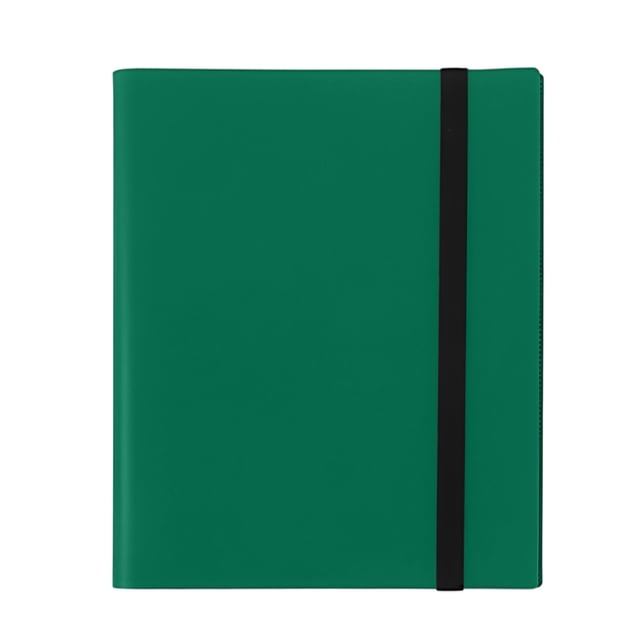 xaoyunyn 9 Pocket Trading Card Binder with 360 side-loading pockets and elastic strap, designed for organizing sports cards, MTG, baseball, and other collectible cards. The binder features waterproof material and acid-free polypropylene sleeves for protection against moisture and fading. Shown in a sleek green design, it is lightweight and portable.