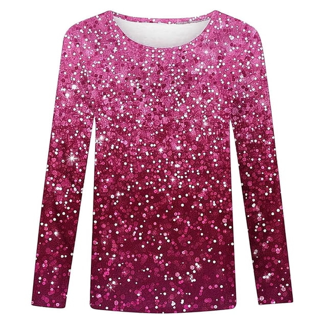 Girls Tshirts Spring Summer Long Sleeve Gradient Sequin Printed Round Neck Flash Shirt Girls Tops Hot Pink 2-3Years