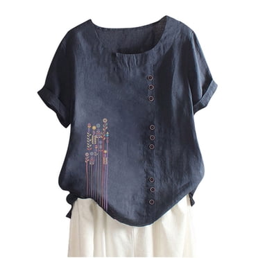 Blouses for Women, Women Casual Cotton and Linen Top Printed Short Sleeve Button T-shirt Blouse Tops