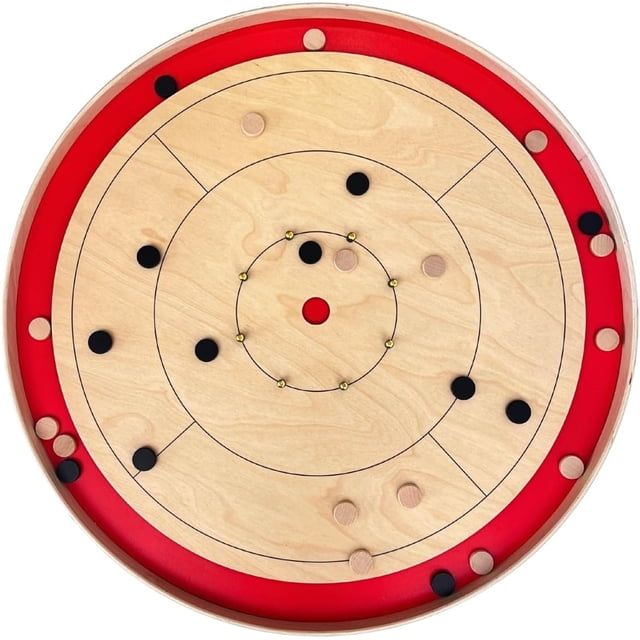 Tradeopia Round Crokinole Board Game featuring a 77.5cm premium wooden board with a smooth 66cm playing area, red border, and durable rubber-coated metal bumpers. The board is shown with black and light brown wooden discs scattered across its surface. Includes 26 discs, fast speed crokinole powder, a storage tin, and detailed instructions. Ideal for family gatherings, parties, and game nights, suitable for players aged 6 and up.
