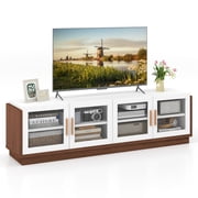 Gymax Grand Meuble TV pour Téléviseurs jusqu'à 75 po, Table Console avec 4 Portes en Verre Trempé, Brun et Blanc