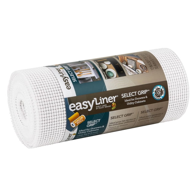 Select Grip EasyLiner Brand Shelf Liner, white, 12 in. x 30 ft., rolled with textured non-adhesive grip top and bottom to protect drawers and utility cabinets from scratches and keep items in place, easy to cut, install, reposition, and machine washable, also suitable for lining shelves or toolboxes.