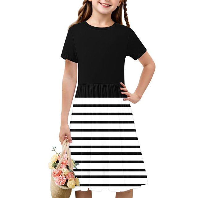 Liquidation Aujourd'hui Iumwxz Robe Décontractée Trapèze Robe Tunique pour Adolescentes Robe Col Ras du Cou Imprimé à Rayures Manches Courtes Robes pour Enfants Robe Ravissante pour Costume 4-14a