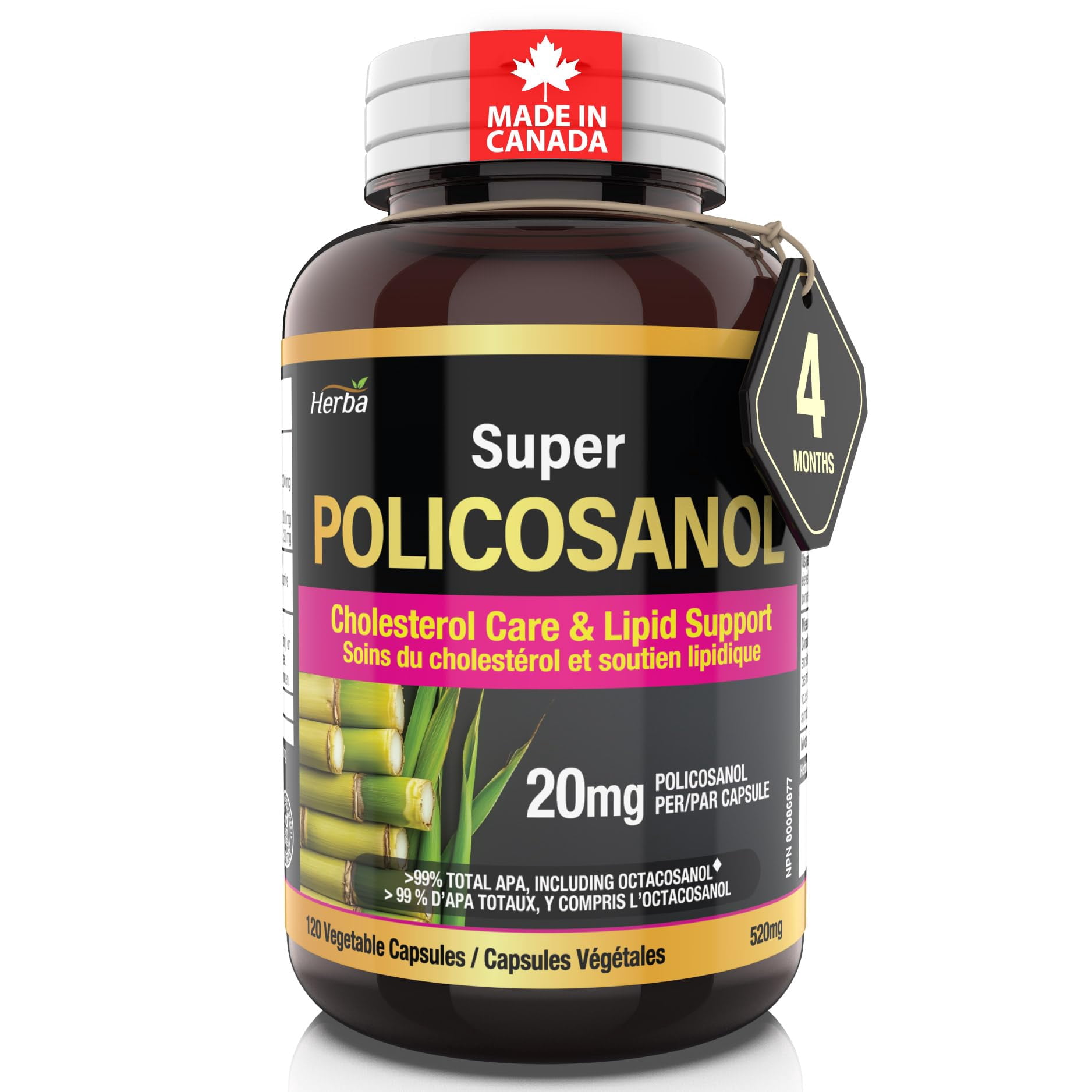Herba Policosanol 20mg with Fenugreek and Plant Sterol Esters - 120 Vegetable Capsules | Made in Canada