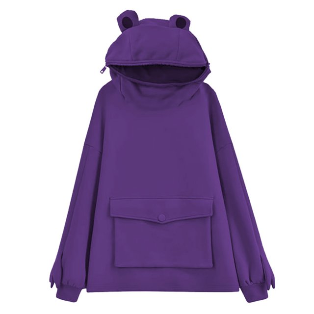 Chandail à Capuchon Grenouille pour Femmes à Manches Longues, Couleur Unie, avec Poche