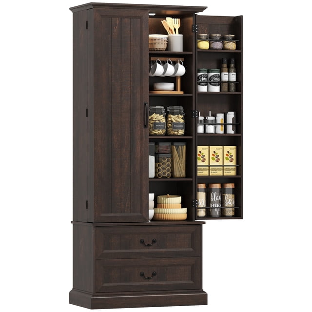 HOMCOM 72" Kitchen Pantry Cabinet with LED Light and Door Shelves in brown. This tall cabinet features a farmhouse design with a dark wood finish, motion sensor LED light, and ample storage. Includes ten door racks, a five-tier cabinet, two drawers, and adjustable shelves for customizable organization. Made of particle board and MDF, it supports up to 220 lbs. Anti-tipping straps ensure safety. Dimensions: 29.9" W x 15.6" D x 72" H.