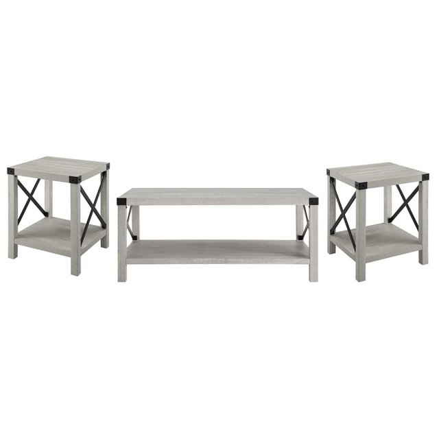 3-Piece Rustic Wood and Metal Accent Table Set - Stone Gray