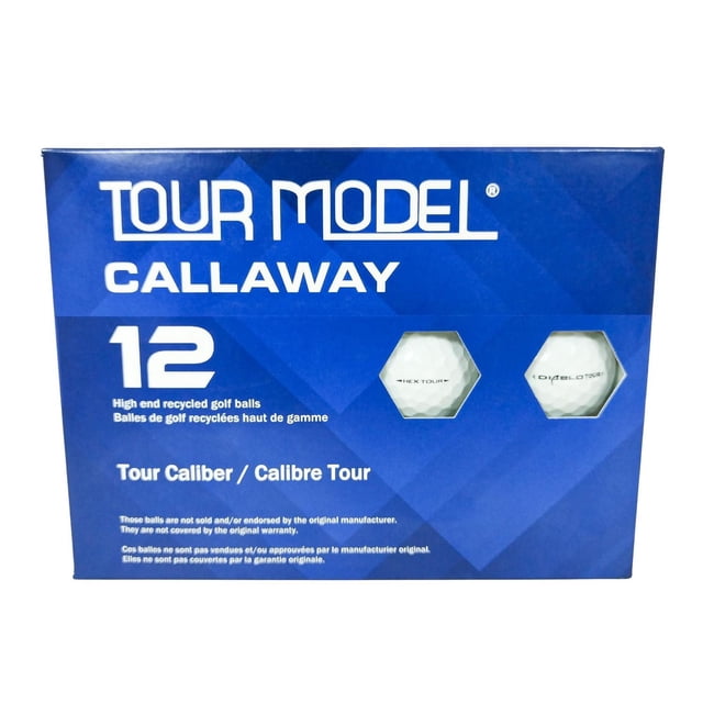 Callaway Tour Model Recycled Golf Balls pack of 12 in blue box with two white golf balls visible through hexagonal windows, designed for golf practice and skill improvement with eco-friendly recycled materials.