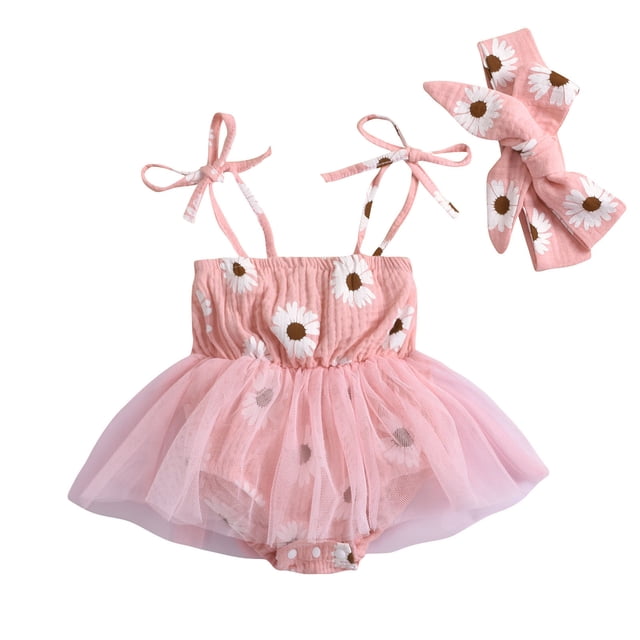 MIASHUI Barboteuse Sans Manches à Imprimé Floral pour Filles, Robe Tutu en Maille avec Bandeaux, Rose, 12-18 Mois
