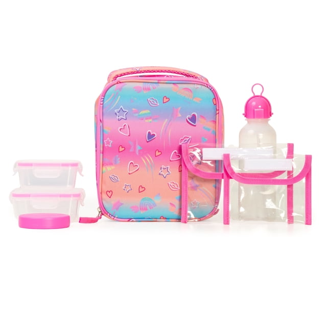 Jetstream 7-Piece Kids Lunch Bag Set with an insulated lunch bag in pink, purple, and blue gradient featuring hearts, stars, rainbows, and lips print. Includes two clear plastic containers with pink lids, a round pink ice pack, a clear water bottle with a pink cap, and two clear snack bags with pink trim. Suitable for keeping kids' lunches fresh and organized for school.