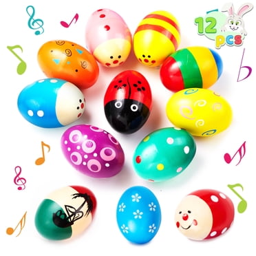 Joyfy 12 Pcs Wooden Easter Egg Shakers Maracas Percussion Musical Toys,Gifts for Kids Toddlers,Basket Stuffers Fillers,Party Favors,Classroom Prize Supplies