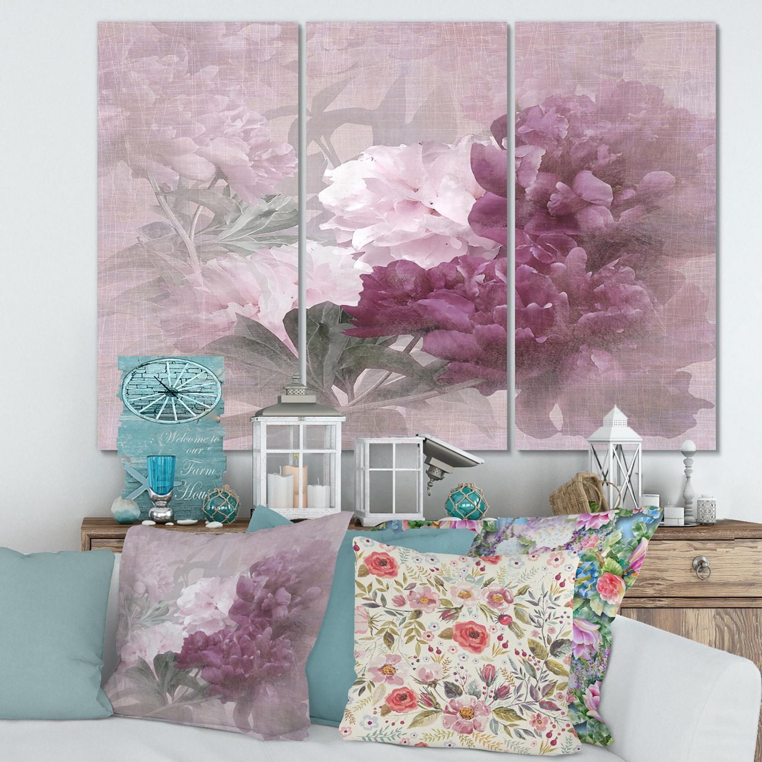 Designart Fleurs violettes et roses vintage II Art mural sur toile