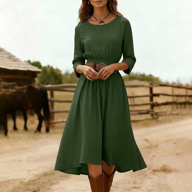 Oksale Summer Dresses for Women Flowy A Line High Low Hem Linen Dress Loose Long Sleeve Sundresses Cozy Casual Round Neck Midi Dress Army Green 2XL