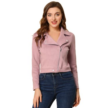 INSPIRE CHIC Veste de Moto pour Femme en Faux Suède Couleur Unie Veste à Fermeture Éclair Asymétrique TG Rose Poudré
