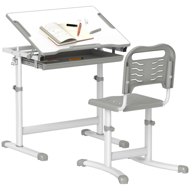 Qaba Ensemble Bureau et Chaise pour Enfants à Hauteur Réglable avec Plateau Inclinable, Gris. Conçu pour les 6 à 12 Ans, le Bureau Présente des Réglages de Hauteur Ajustables, un Plateau Inclinable pour une posture Ergonomique, et Comprend un Tiroir et des Fentes pour Stylos pour l'Organisation. Fabriqué en MDF durable et en Acier avec une base Antidérapante pour la Stabilité, Cet Ensemble table et Chaise d'Étude pour Enfants Est Idéal pour l'Apprentissage Ou les Activités Créatives.