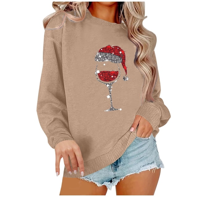 Amzcrzy Chandail de Noël pour Femmes Mode Manches Longues Col Rond T-Shirt Impression Verre de Vin Rouge Ample Grande Taille Chandail à Enfiler Hauts