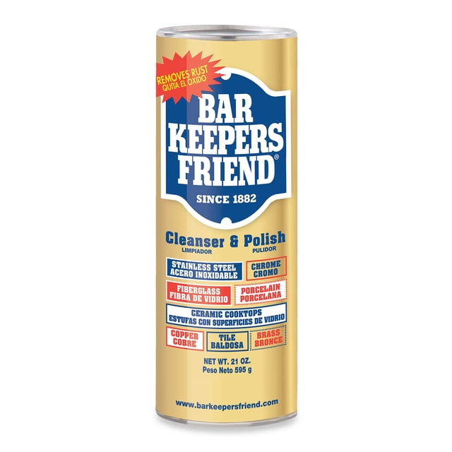 Bar Keepers Friend Stainless Steel Powder Cleanser, 595 g canister with a gold and blue design. The label highlights its use for cleaning stainless steel cookware, porcelain sinks, ceramic surfaces, fiberglass, chrome fixtures, and more. Effective as a kitchen cleaner and stainless steel polish. Made in the USA.